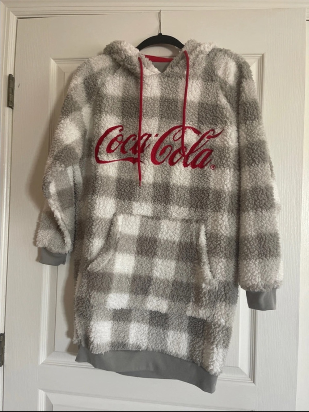 Worn once Coca-Cola Gray & White Plaid Sherpa dress with Red Logo